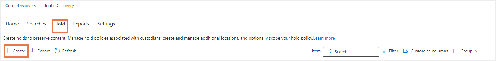 eDiscoveryホールドの作成