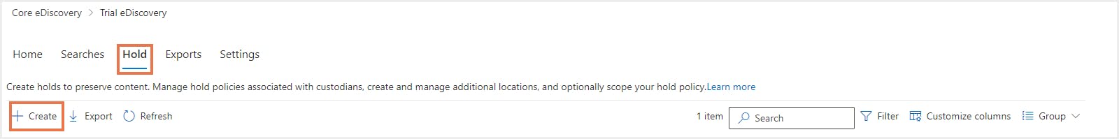 eDiscoveryホールドの作成