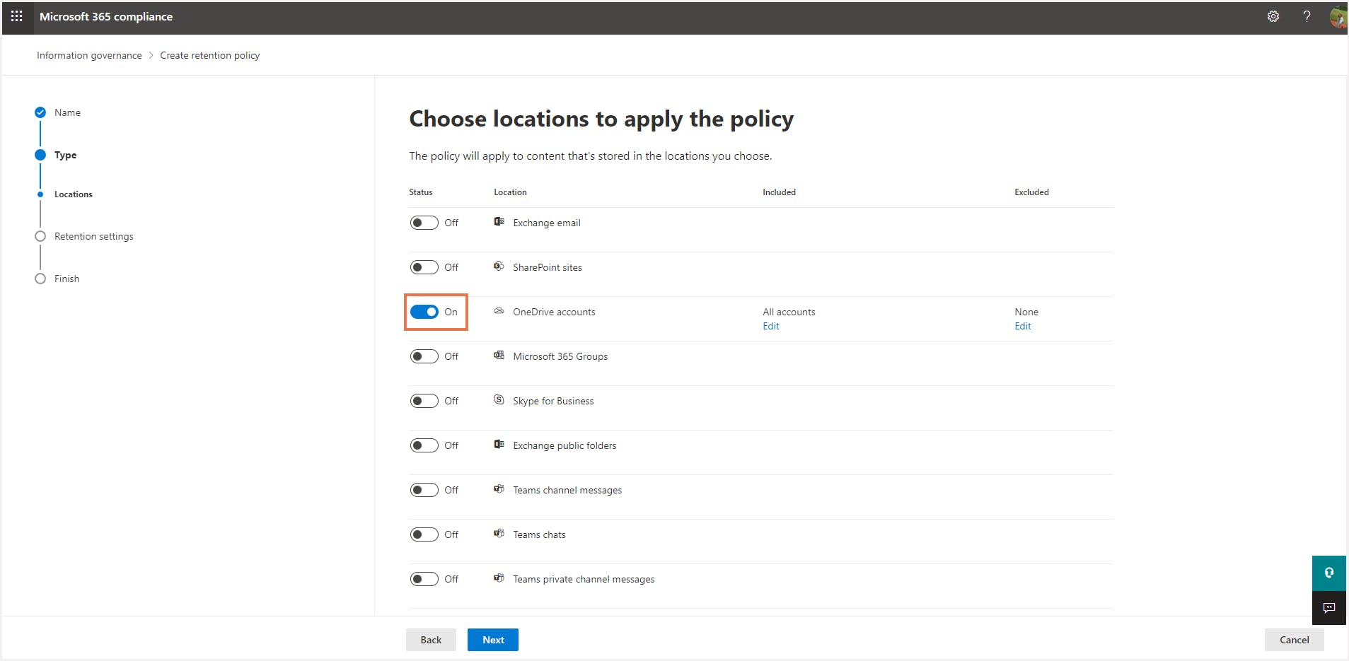 Select the location to place retention policy