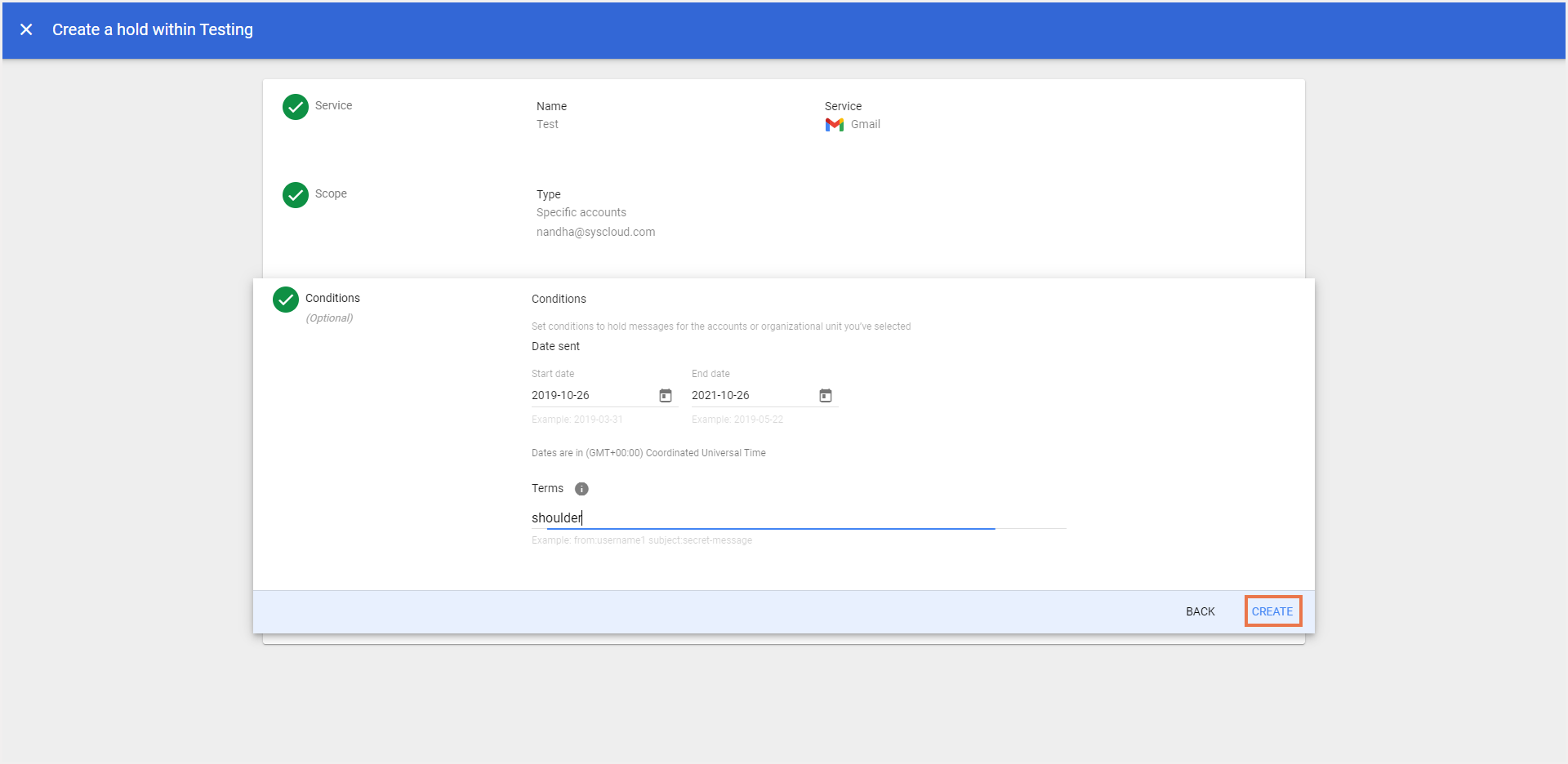 Google Vaultでホールドを作成