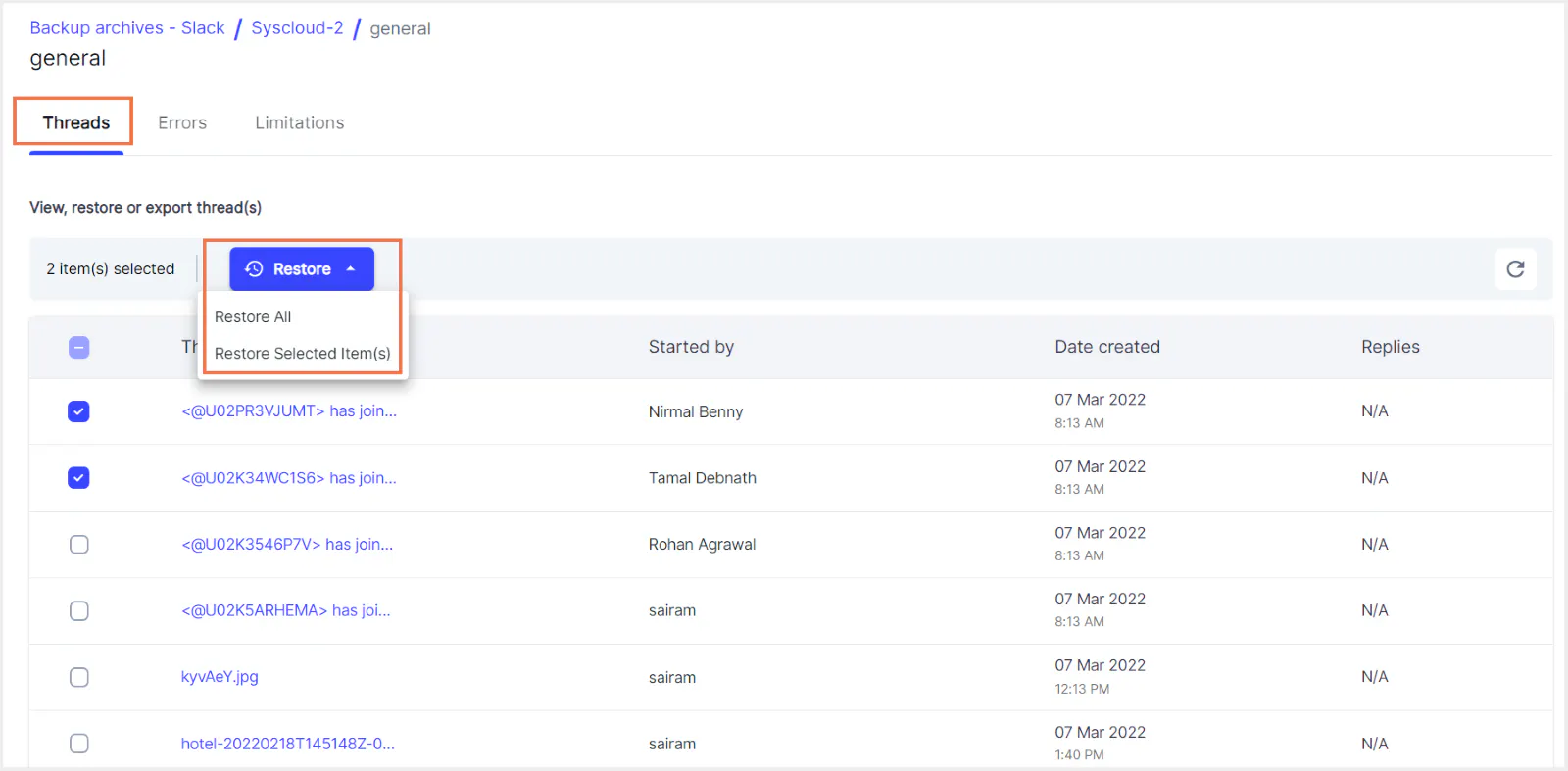 Screenshot of SysCloud's Slack backup archives, showing the option to restore specific threads, channels, direct messages, or files, allowing selective data recovery.