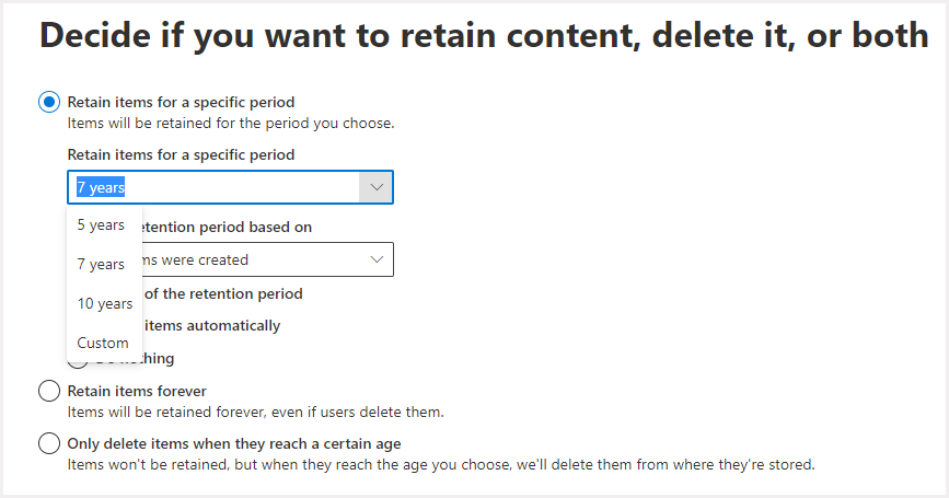 保存ポリシー期間の設定
