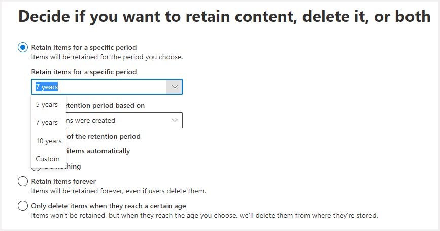 保存ポリシー期間の設定