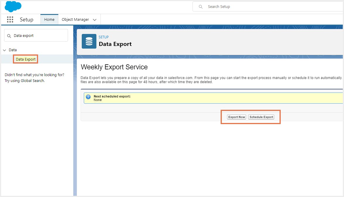 Salesforce data export service: schedule export