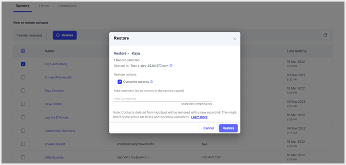 syscloudのhubspotの連絡先をリストアsyscloud 5