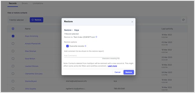 syscloudのhubspotの連絡先をリストアsyscloud 5