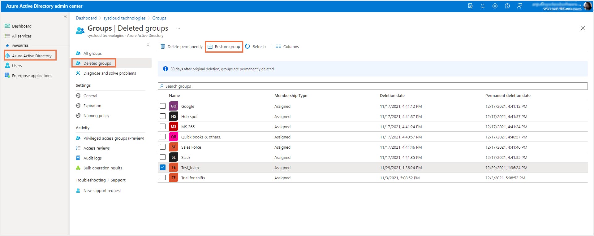 recover deleted teams from Azure AD