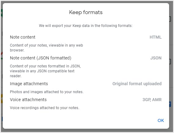 Google Keep export or download formats