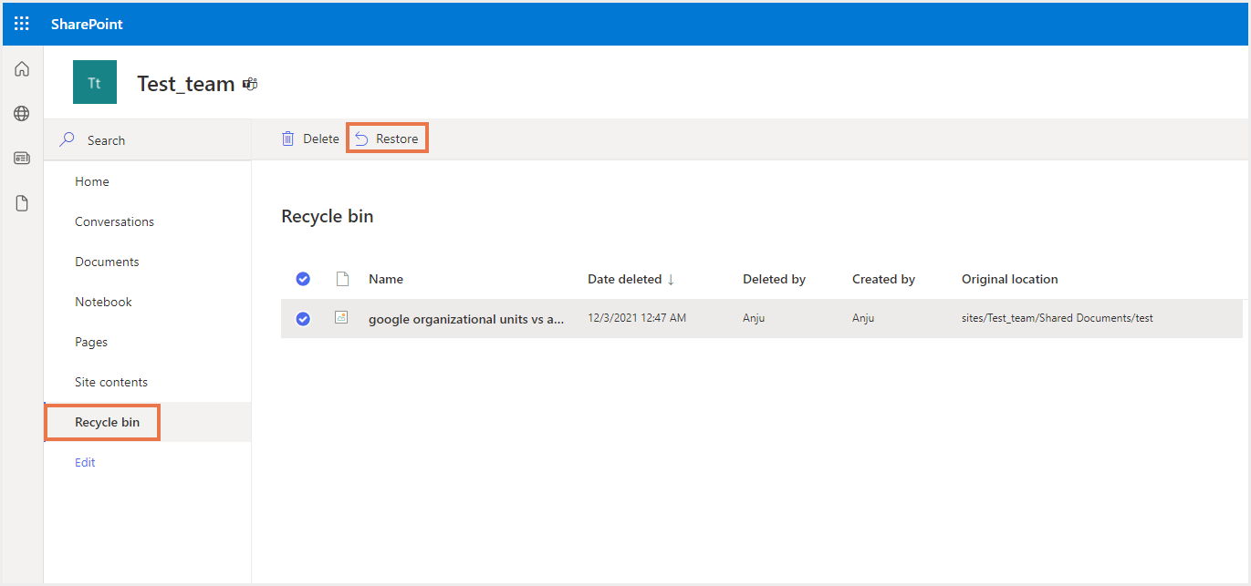 削除されたチームファイルの復元