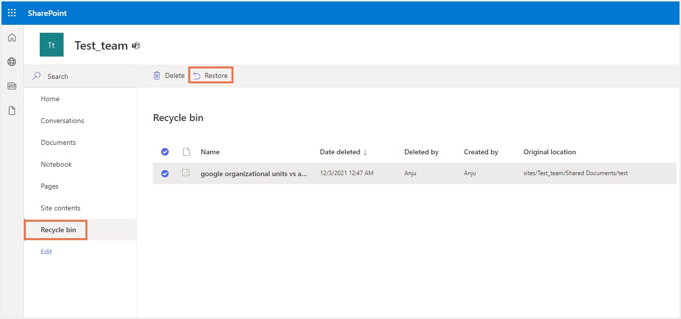 削除されたチームファイルの復元