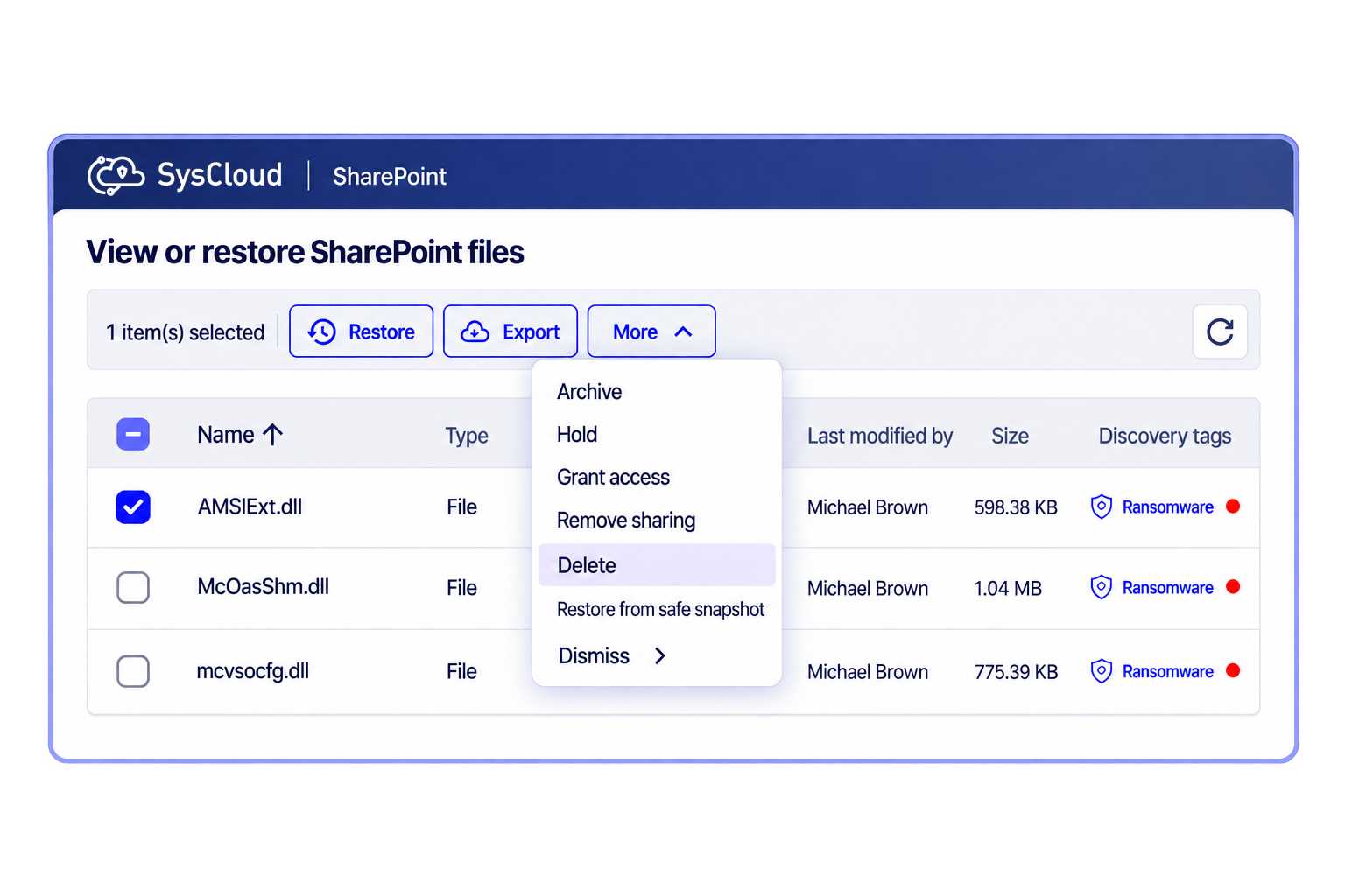 SharePoint files flagged as ransomware, with one selected file and the full More response menu.