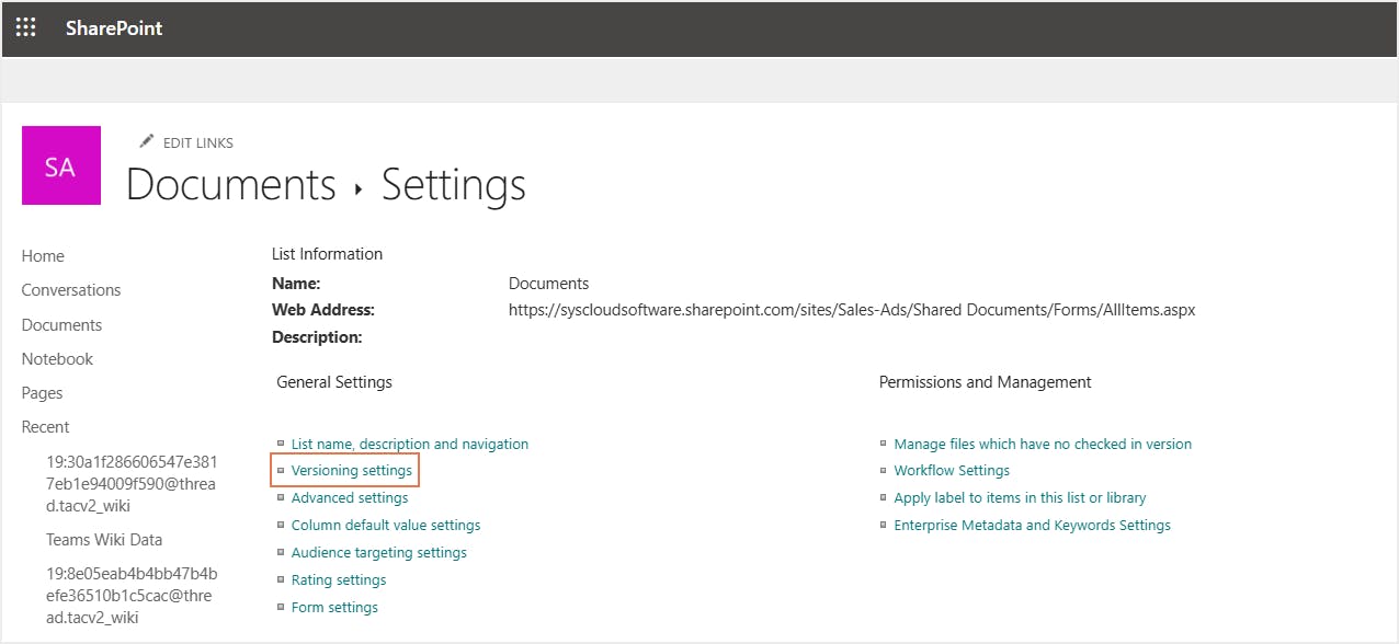 sharepoint retention - Versioning settings