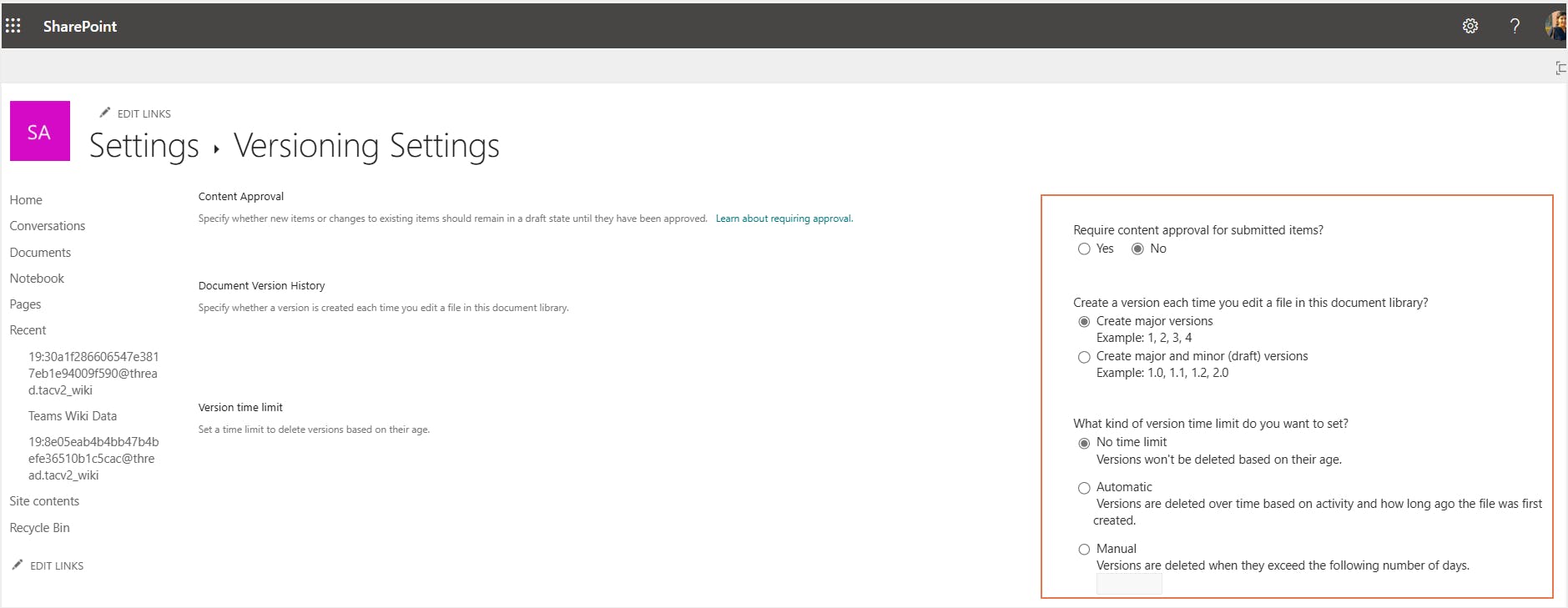 configure sharepoint versioning settings