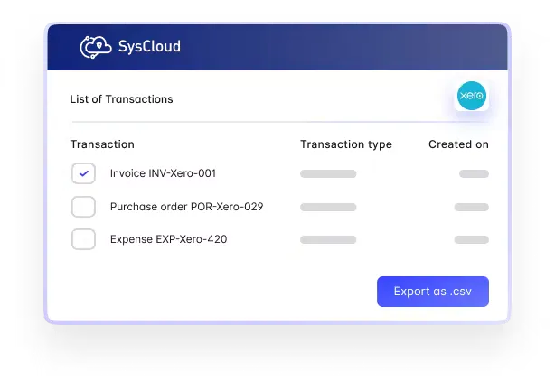 Stylized screenshot of SysCloud showing the option to export Xero accounting data, including invoices, purchase orders, and expenses, in their original format.
