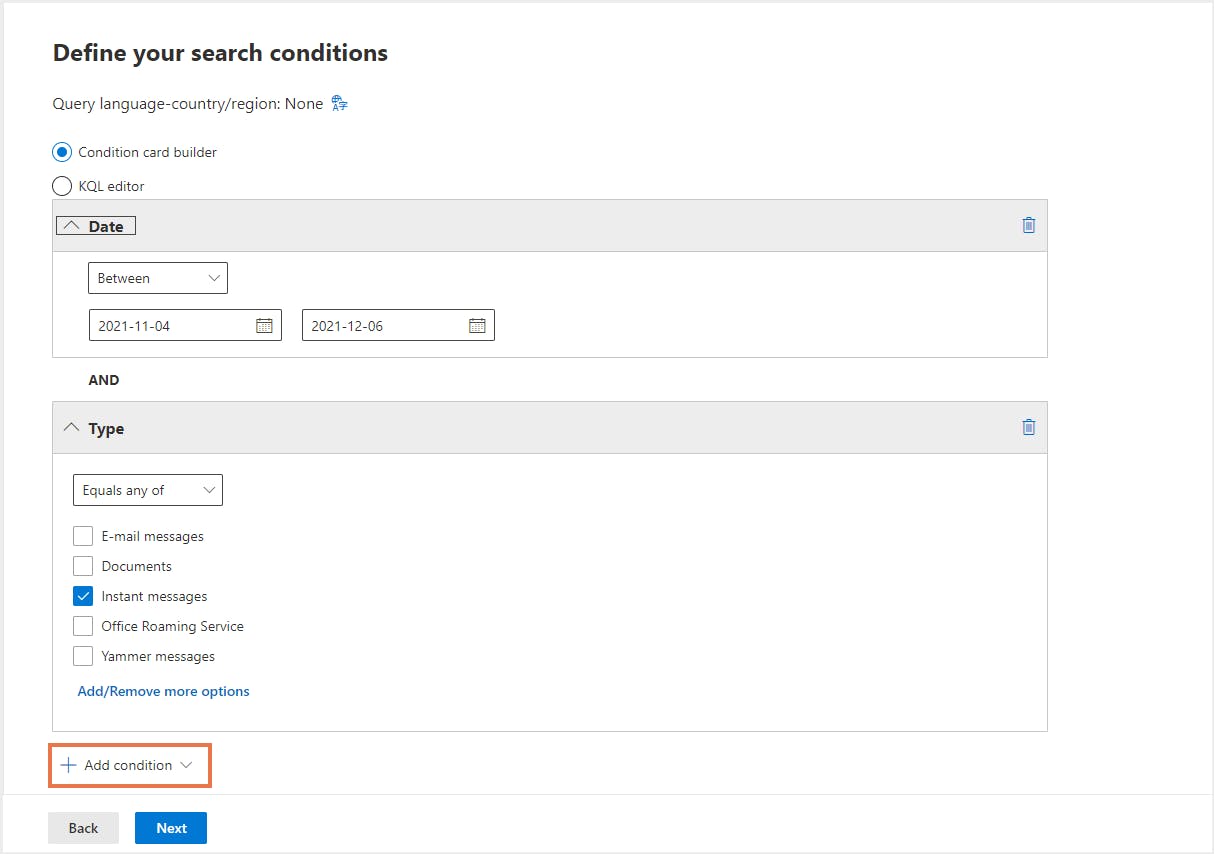 削除されたチームメッセージの回復-検索条件