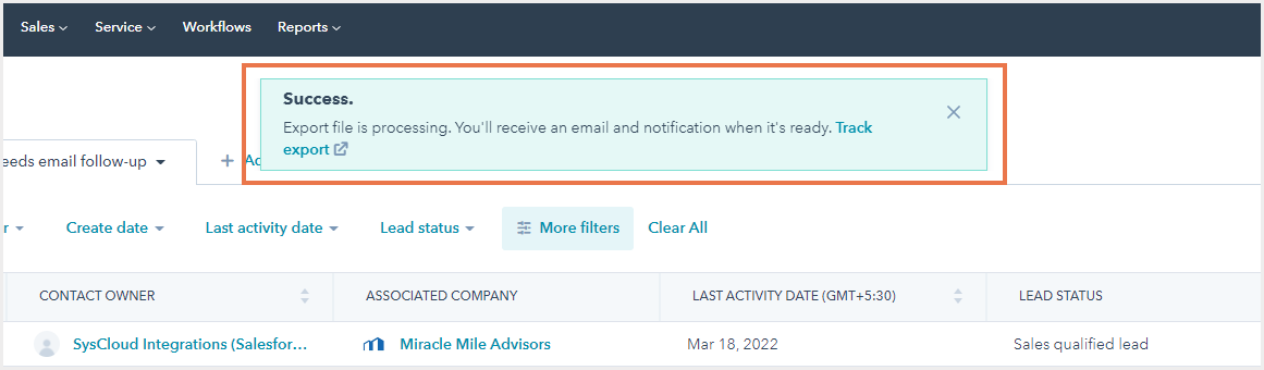 ハブスポットの連絡先エクスポートの進行状況メッセージ