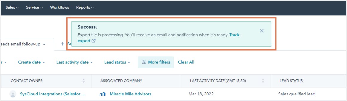ハブスポットの連絡先エクスポートの進行状況メッセージ