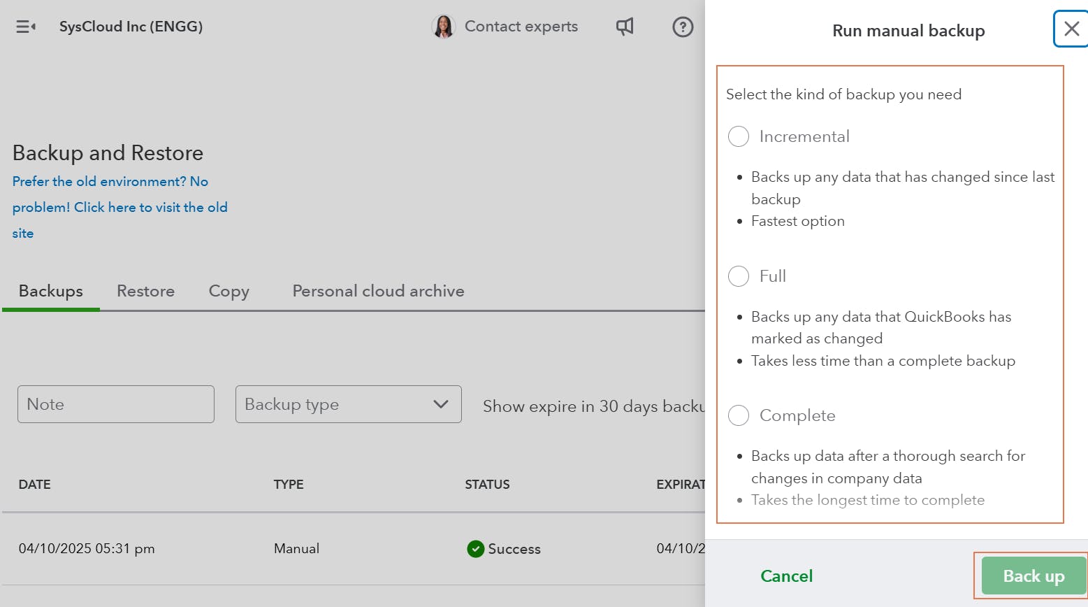 select the type of backup