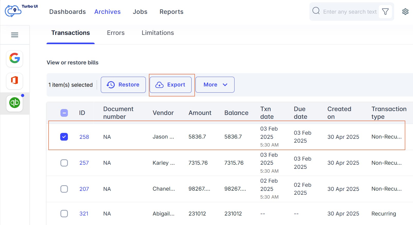 select item and export