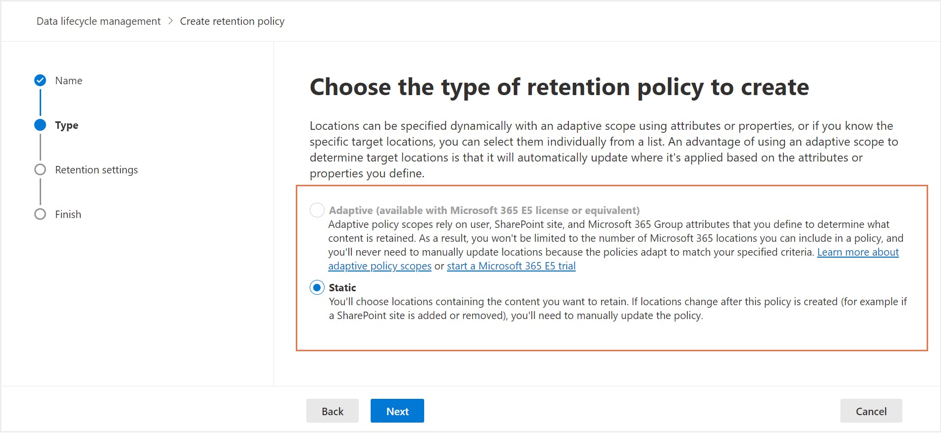 choose type of retention policy to create