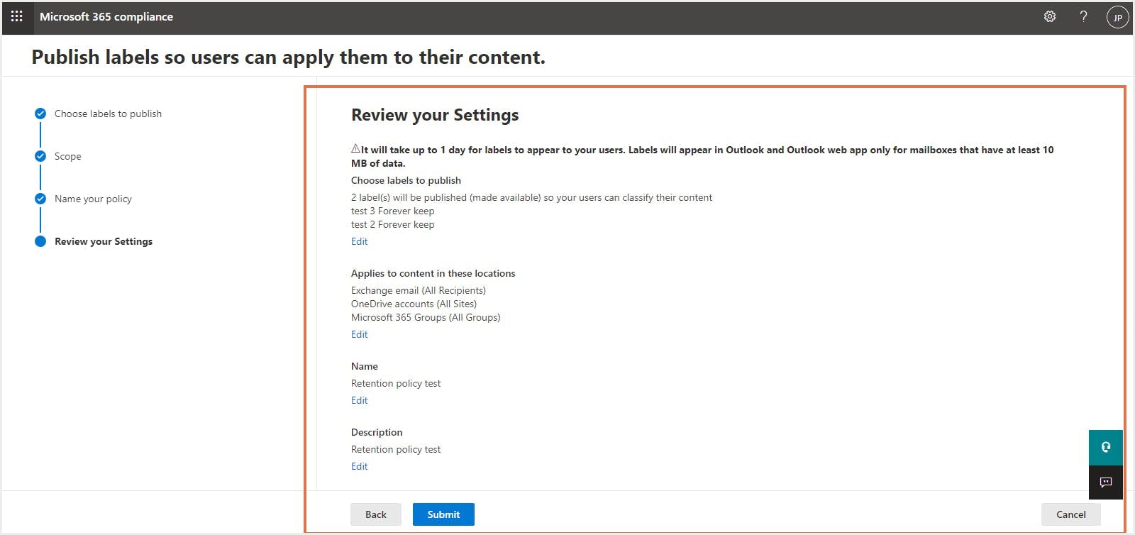 レビュー保持ラベルポリシー
