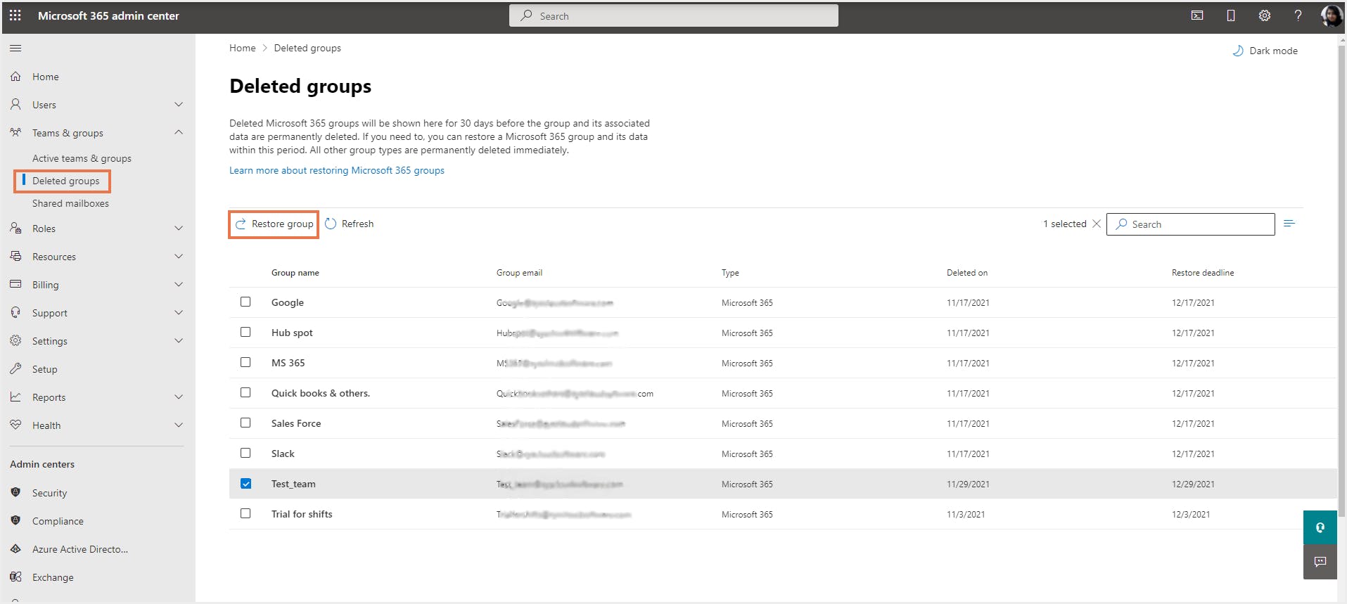 削除されたチームの復元