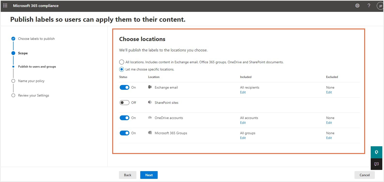 リテンションラベルの発行場所を選択