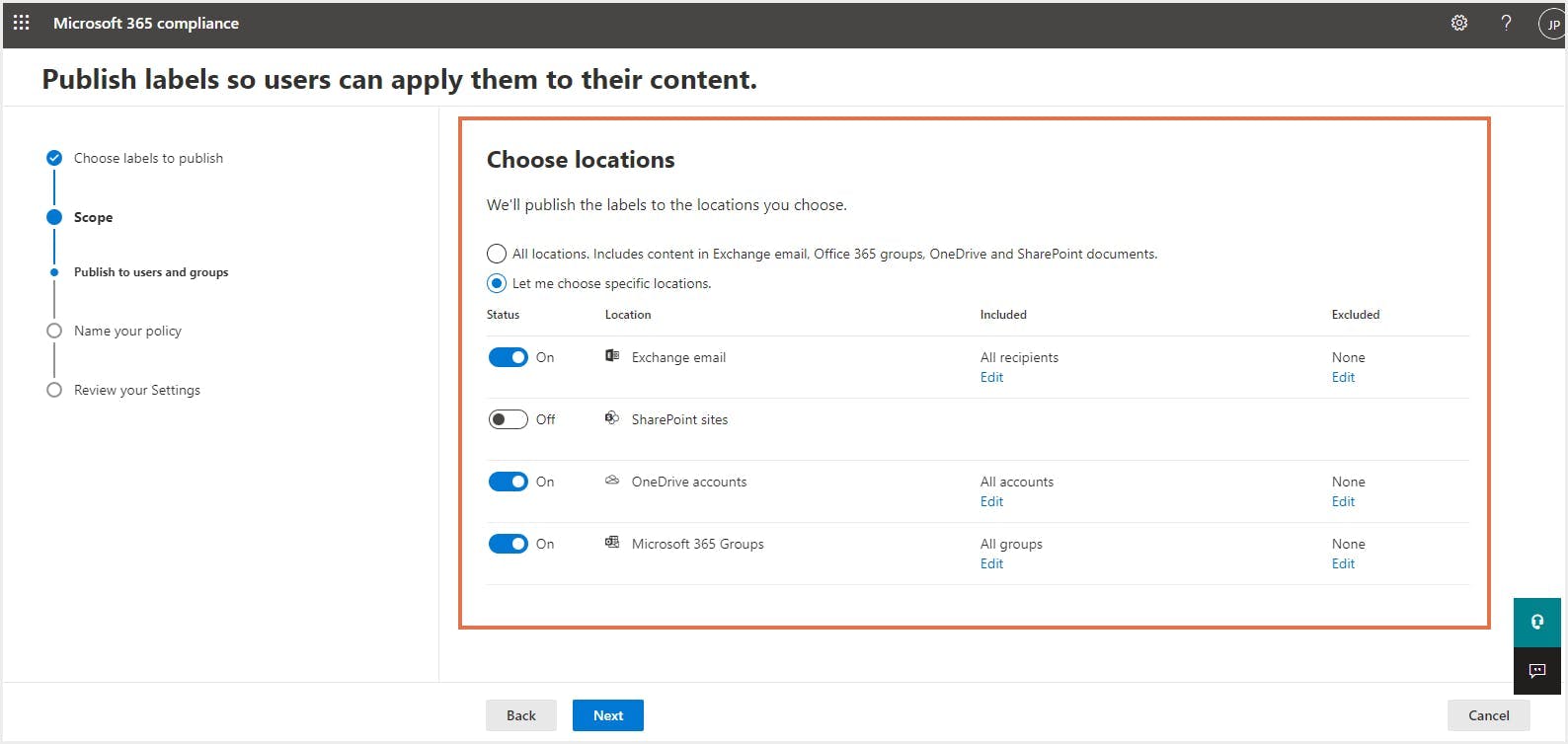 リテンションラベルの発行場所を選択