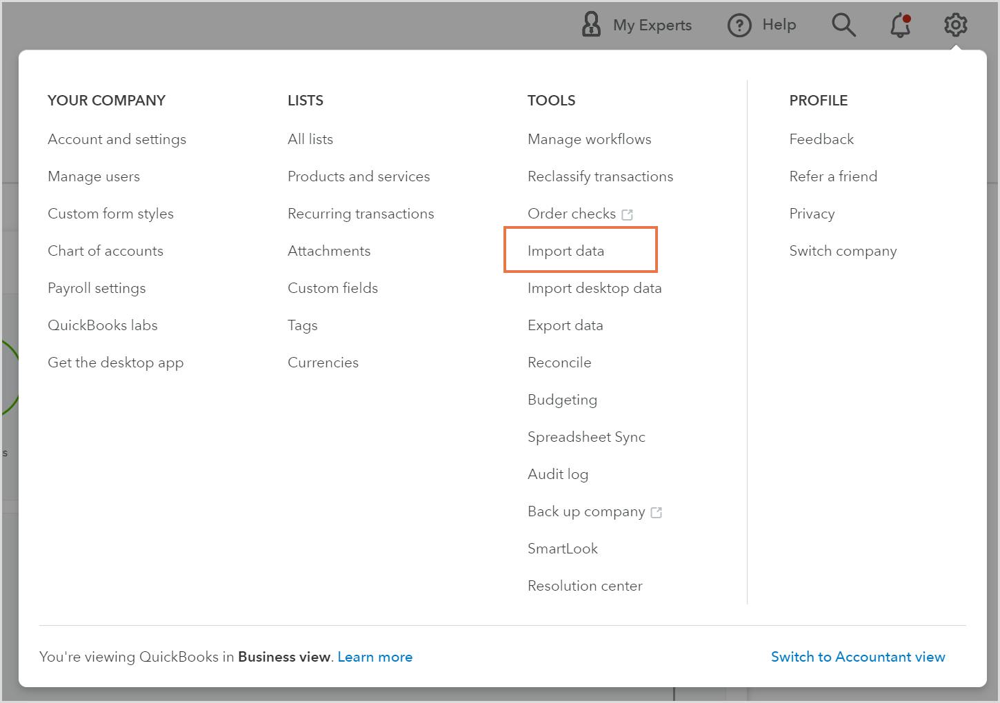 QuickBooks online import data