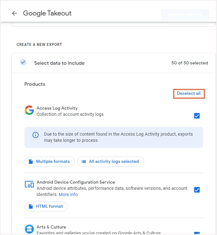 Google Takeout apps page