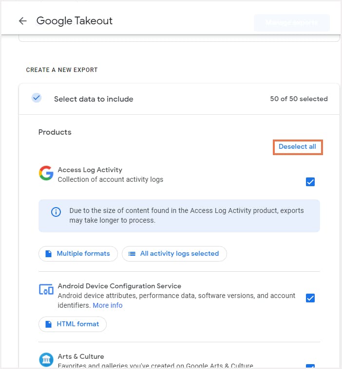 Google Takeoutアプリのページ