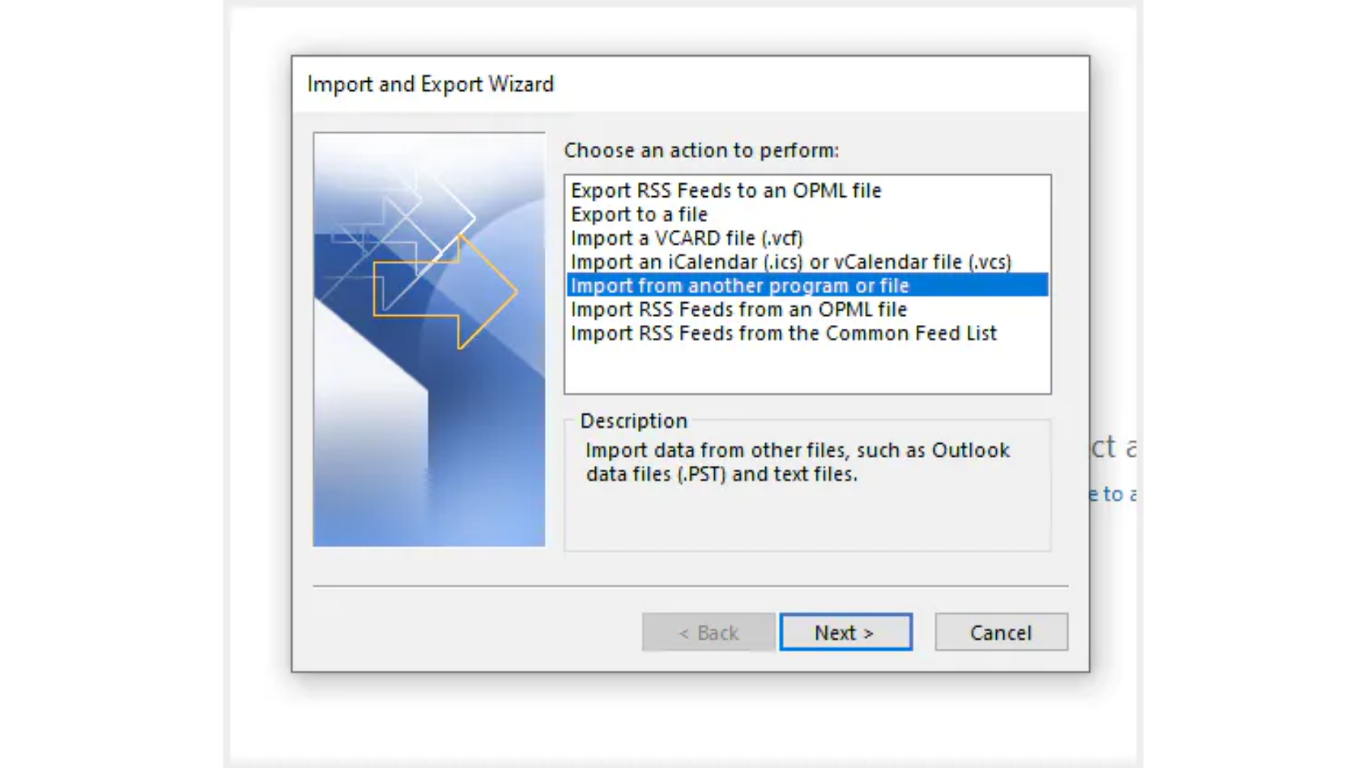他のプログラムまたはファイルからのインポート