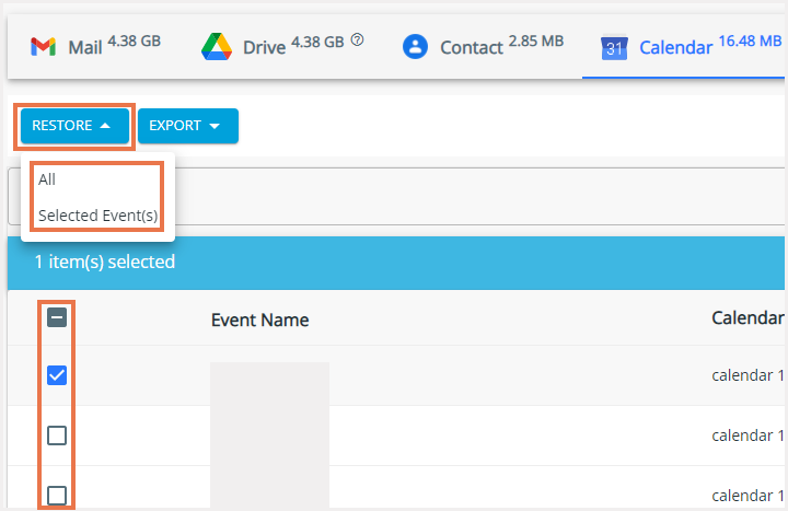 選択したカレンダーイベントまたはすべてのイベントを復元