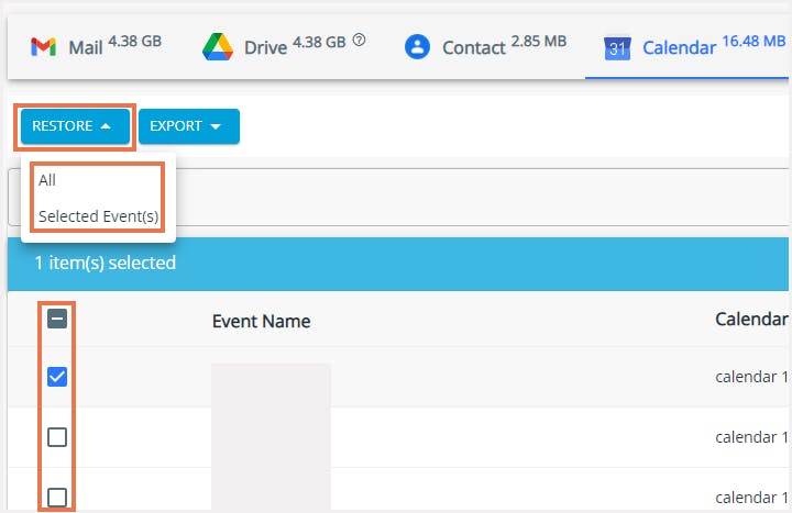 選択したカレンダーイベントまたはすべてのイベントを復元
