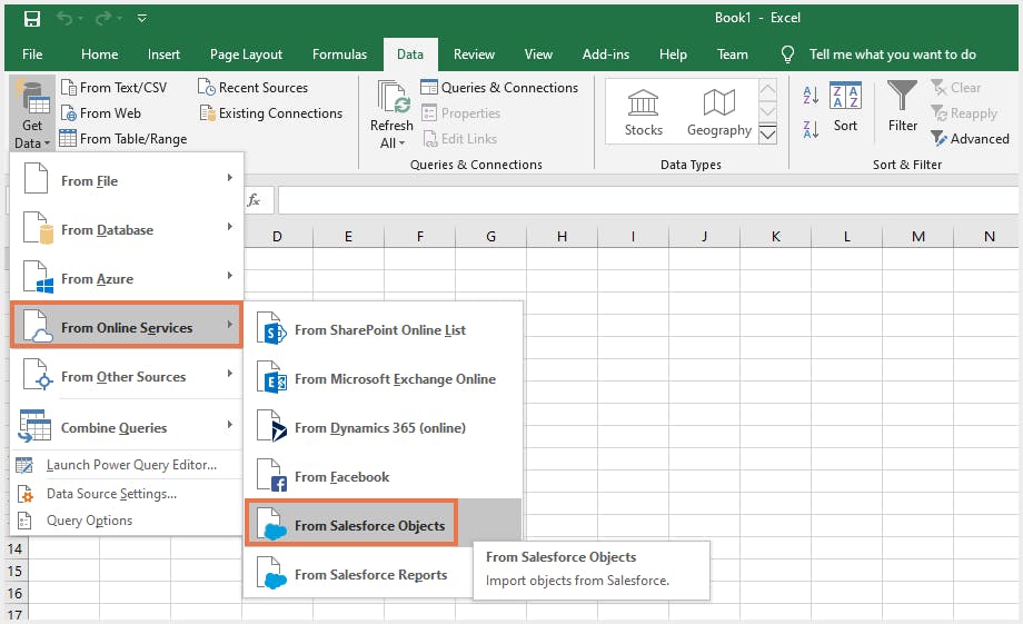 Salesforce data export using Excel Original Interface