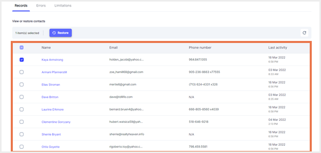 syscloudのhubspotの連絡先を復元syscloud 4