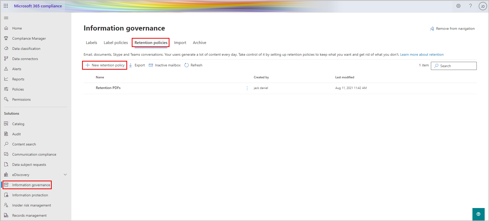 新しい保持ポリシーの作成