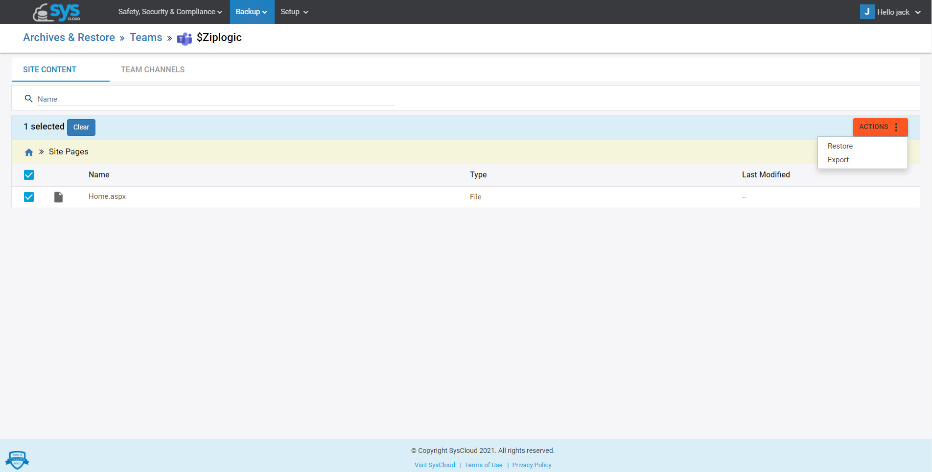 チームサイトのコンテンツのバックアップ