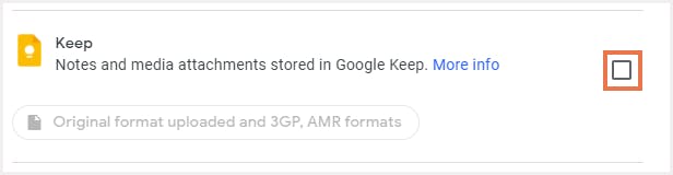 Select Keep in Google Takeout