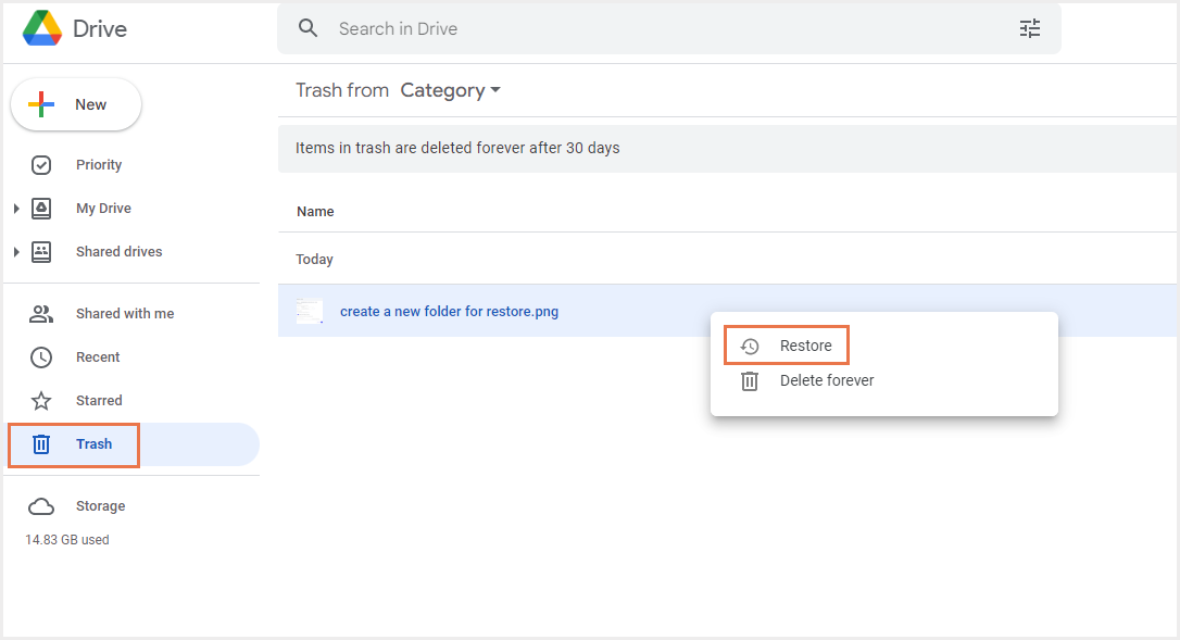 ゴミ箱から削除された共有ドライブファイルを復元