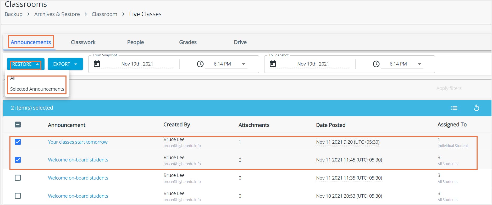 お知らせを元に戻す