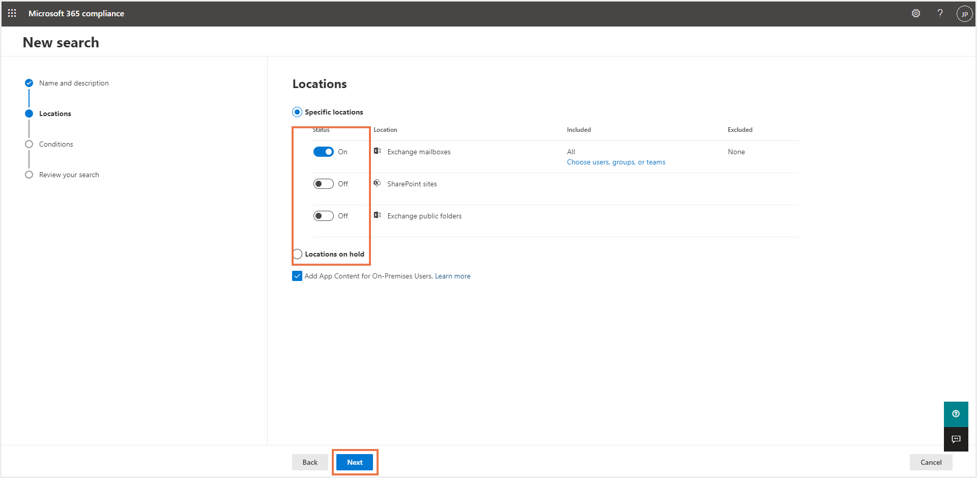 新しいeDiscoveryのコア検索を実行