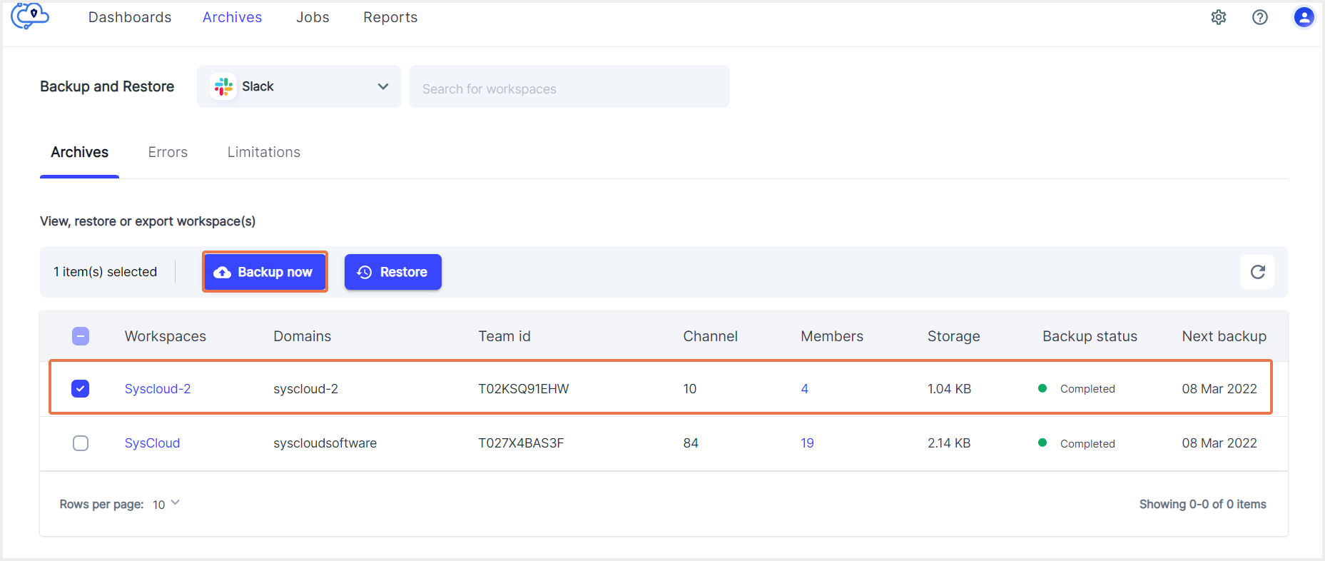 ワークスペースのバックアップ