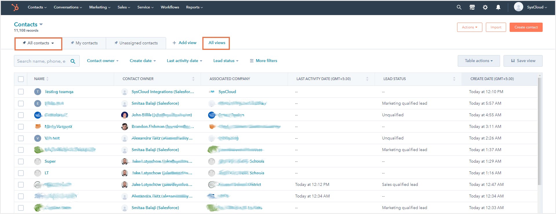 ハブスポットのエクスポート連絡先:ビューを選択