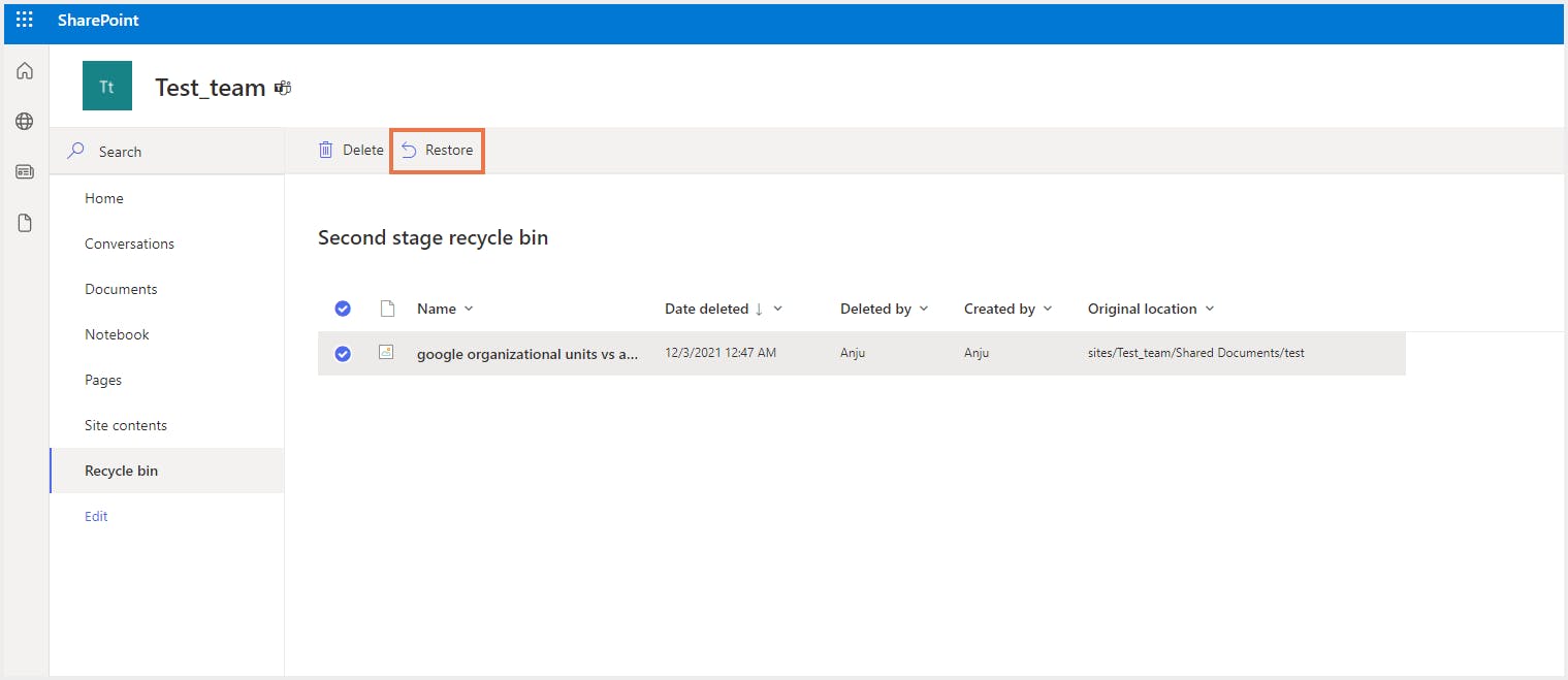 セカンドステージのビンから削除されたチームファイルを復元