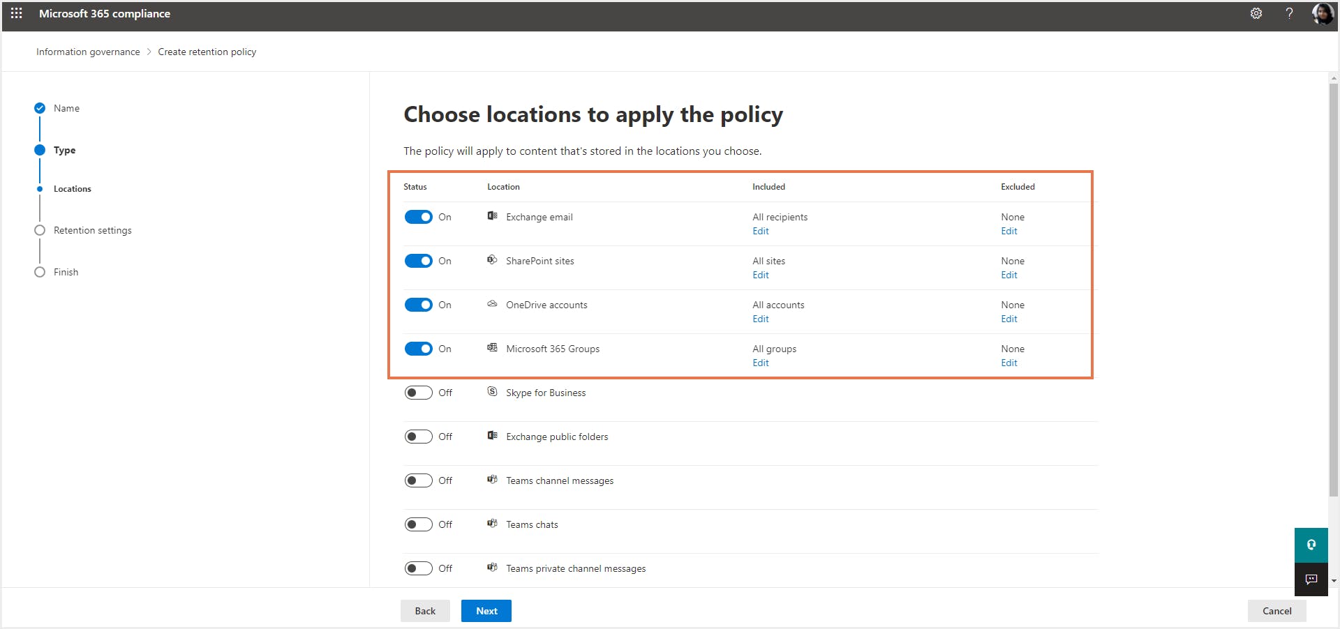 office 365 retention policy - select locations