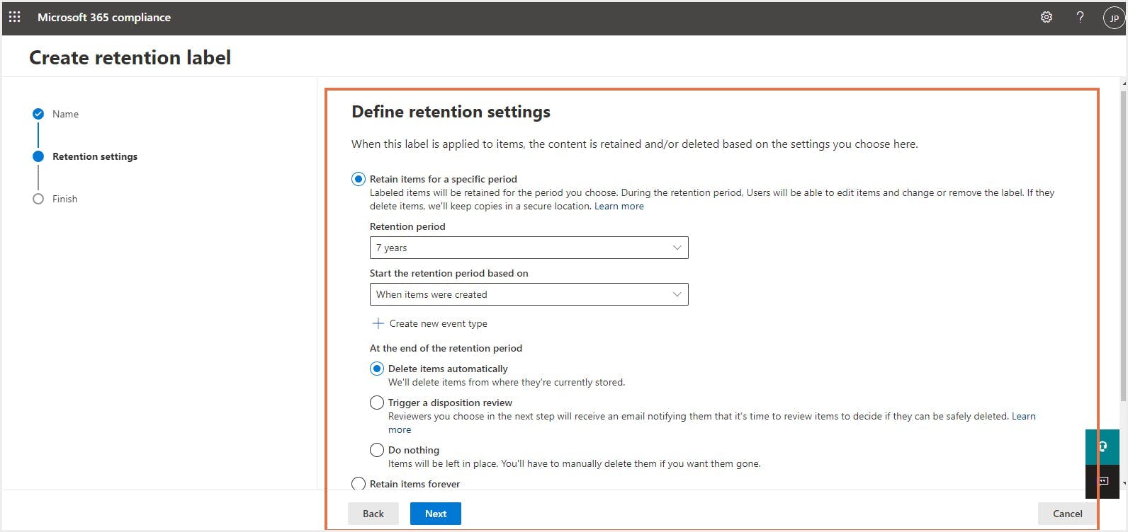 microsoft 365 retention labels - retention settings