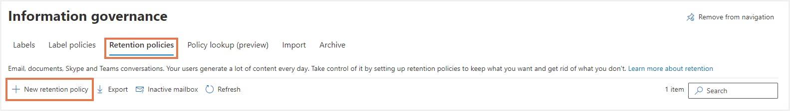新しい保持ポリシーの作成