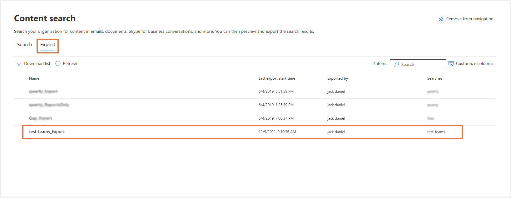 チームメッセージのエクスポート状況