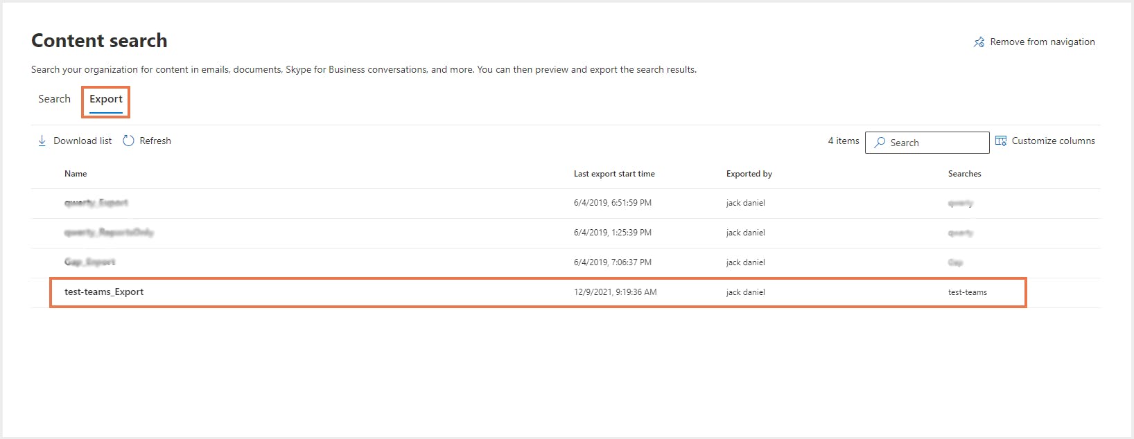 チームメッセージのエクスポート状況